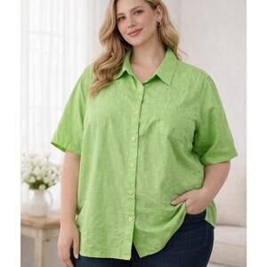 Classic Elements Green Embroidered Blouse 20/22W Plus Vintage Button Front Top